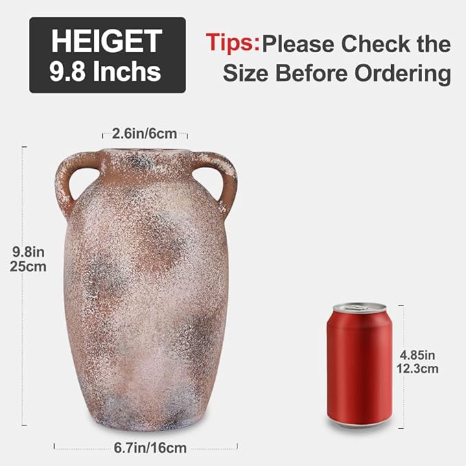 Rustic Farmhouse Ceramic Vase, 9.8" Tall Vintage Pottery Vases, Terracotta Decorative Boho Pampas Flower Vase, Suitable for Home Decor Living Room Entryway Table Bookshelf Mantle Shelf Decor