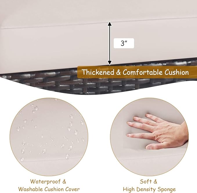 Tangkula 3 Pieces Patio Furniture Set, Outdoor Rattan Sofa and Side Table w/Solid Acacia Wood Frame, High Load Bearing Conversation Bistro Set w/Washable and Removable Cushions (Beige)