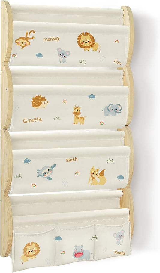 Wooden Wall Mounted Bookshelf for Kids Rooms, 4 Tier Floating Nursery Book Shelf, Kids Bookshelf with 2 Pockets, Toddler Sling Book Rack with Deep Sleeves (Jungle Animals)