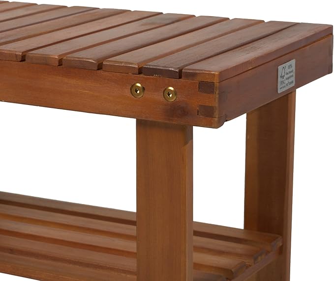 HOMCOM 3-Tier Shoe Rack Bench, Acacia Wood Shoe Organizer, Rustic Entryway Bench with Storage Shelves for Entryway, Hallway, Livingroom, Teak