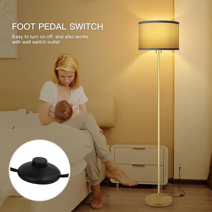 Floor Lamp Gold, Standing Lamp, 58" Small Tall Lamps with Jute Lampshade, Simple Pole Lamp for Bedroom, On/Off Footswitch, Gold Lamps for Living Room/Office/Boho,Christmas Gift for Kids(No Bulb)