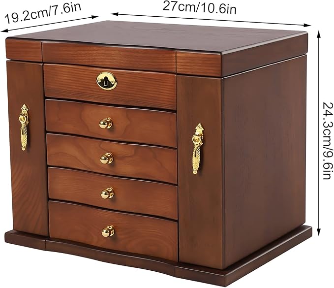 SHZICMY 5 Layers Solid Wooden Jewelry Boxes With Mirror,Vintage Jewelry Storage Organizer for Bracelet Necklace Ring Storage