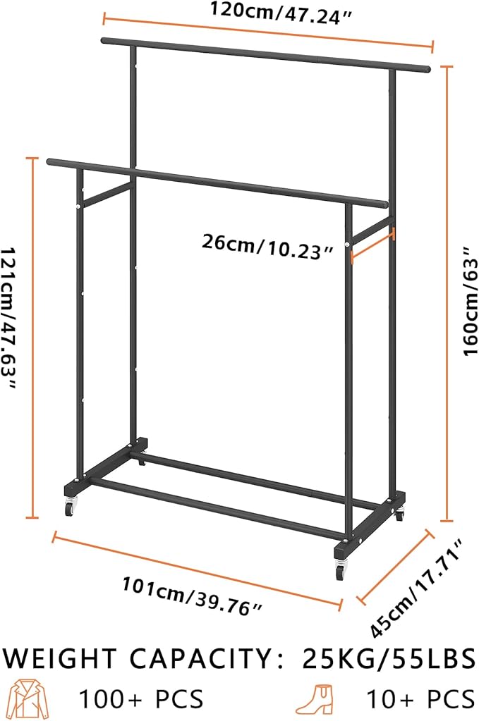 Calmootey Double Rod Clothing Garment Rack,Rolling Hanging Clothes Rack,Portable Clothes Organizer for Bedroom,Living Room,Clothing Store,Black