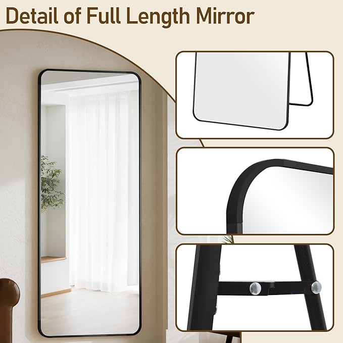 BEAUTYPEAK Black Full Length Mirror, 65"x24" Rounded Corner Floor Mirror Standing Hanging or Leaning Against Wall, Suitable for Bedroom or Dressing Room