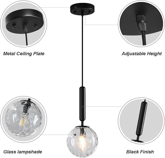 Modern Black Pendant Light Hanging Fixture Light for Kitchen Island Mid Century with Globe Pendant Light Clear Glass Pendant Lighting for Living Room Bedroom Entryway (2 Pack)