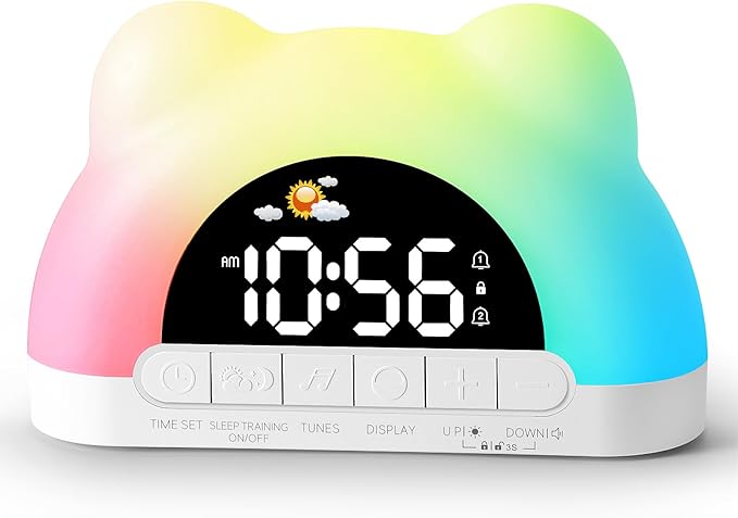 Hournor Kids Alarm Clock, Ok to Wake Alarm Clock for Kids, Toddlers Sleep Training Clock with 12 Colors Night Light for Bedroom, Sound Machine, Birthday Gift for Boys Girls Children(Adapter Include)