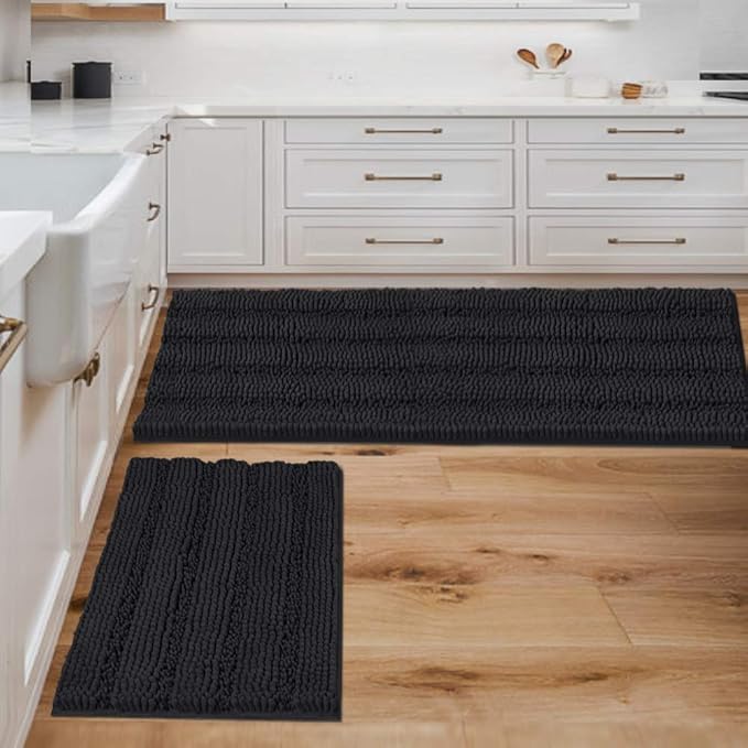 H.VERSAILTEX 2 Piece Bathroom Set Bathroom Rugs Bath Mats Sets Super Absorbent Chenille Striped Bath Mats Non Skid Machine Wash Dry Rugs for Bathroom Floor(Jet Black, 47 x 17 Plus 17 x 24 - Inches)
