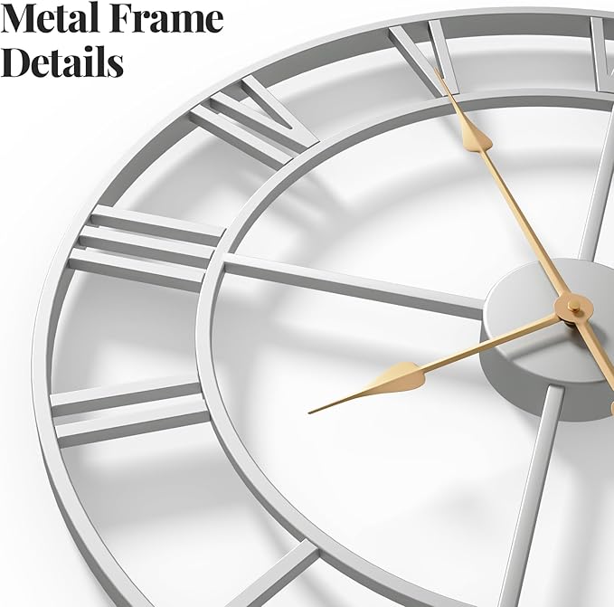 Silver Wall Clock for Living Room Decor, 24 Inch Large Metal Wall Clock Modern Luxury Roman Numeral Analog Battery-Operated Round Decorative Clocks for Bedroom, Kitchen, Office
