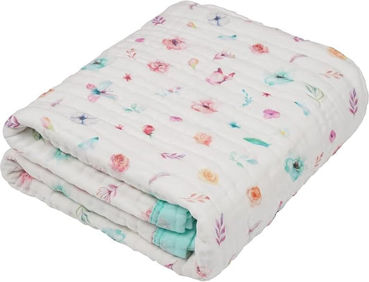 Organic Cotton Muslin Baby Blanket for Boys and Girls - Luxurious Soft Toddler Quilt for Swaddling - Gender Neutral Blankets Makes a Great Pastel Floral