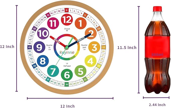 Roymnie12 Inch Wall Clock for Kids Learning to Tell Time Easily Analog Non Ticking Battery Operated Kids Teaching Clock Silent Colorful Teaching Time Clock Decorative for Kids Room Classroom School