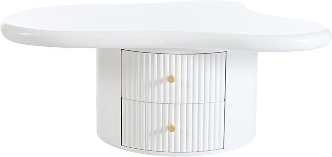 WILLIAMSPACE 38.2" Cloud Coffee Table Set of 3, Modern Irregular Shape Coffee Table with 2 Drawers & 2 Small Stools, Storage Center Table Accent Side End Table for Living Room Apartment, White