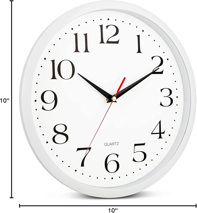 Bernhard Products White Wall Clock Silent Non Ticking, 12 Inch Quality Quartz Battery Operated Round Easy to Read Home/Office/Kitchen/Classroom/School Sweep Clock, Black Hands