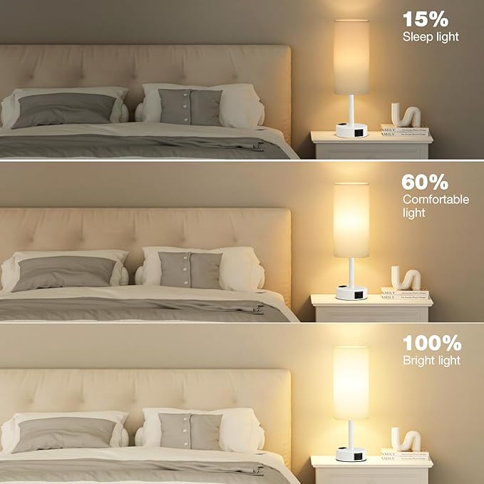 Matte White Bedside Table Lamp for Bedroom - 3 Way Dimmable Touch Lamp USB C Charging Ports and AC Outlet, Small Lamp Round Flaxen Fabric Shade for Living Room, Desk, LED Bulb Included