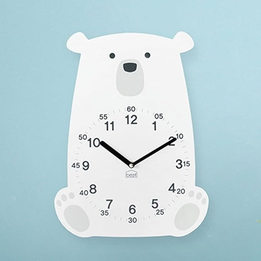 Silent Kids Wall Clock - Animal Wooden Clock for Home, Nursery, Office, Baby Room - Non-Ticking, Decorative, Cute (White Polar Bear)