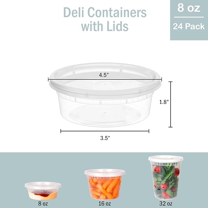 Deli Containers with Lids 8 oz. [24 Sets] Plastic Deli Cups, To Go Food Containers