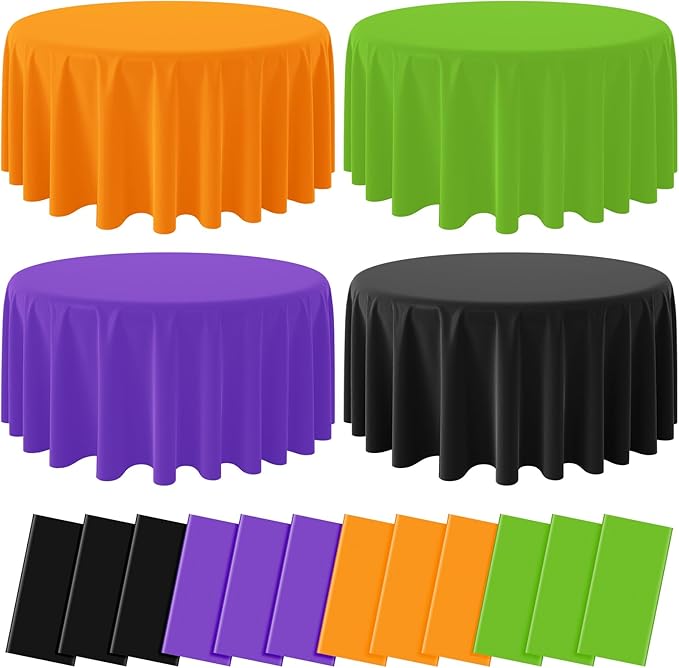 MASHAN 12Pcs Round Halloween Tablecloth Plastic Orange Black Purple Green Table Cloths Disposable Round Table Covers for Halloween Witch Vampire Party Decorations, 84inch