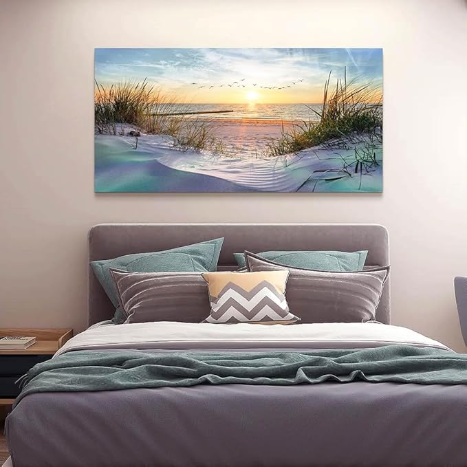Wapluam Canvas Wall Art For Living Room Wall Decor For Bedroom Blue Sea Beach Scenery Wall Paintings Poster Prints Artwork Office Decorations Ocean Seascape Pictures Modern Room Home Decor 40X20 in
