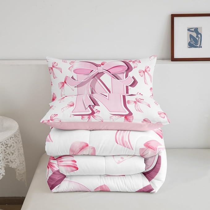 jejeloiu Kids Girls Cute Pink Bow Comforter Set Toddler Size Monogrammed Bedding Set Ultra Soft Personalized Initial N Duvet Quilt Coquette Bow Knot Quilt Set Room Decor Modern Fashion Comforter