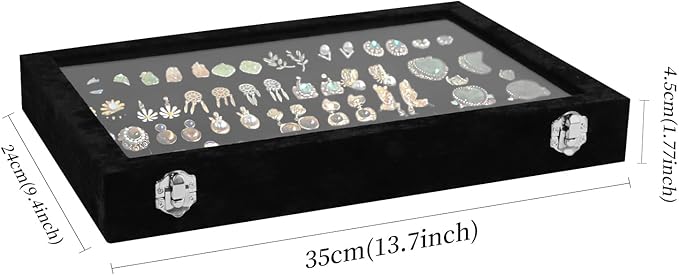 Wudygirl Earring Organizer Tray Jewelry Organizer 32 Pairs Earring Box Organizer Black Velvet Jewelry Display Case with Transparent Lid(Black Earring Storage)