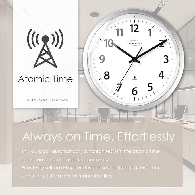 Presentime & Co 10" Atomic Wall Clock, Silent no Ticking, Automatically Sets Itself and Adjust to Daylight Saving Time by WWVB - Faux Stainless Steel Finish. (Home Office)