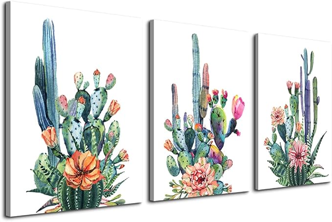 Wall Art for living room Canvas Prints Artwork bathroom Wall Decor Simple Life Green plants cactus Picture Watercolor painting 3 Pieces kitchen bedroom wall decorations Office Works Home Decoration