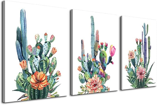 Wall Art for living room Canvas Prints Artwork bathroom Wall Decor Simple Life Green plants cactus Picture Watercolor painting 3 Pieces kitchen bedroom wall decorations Office Works Home Decoration