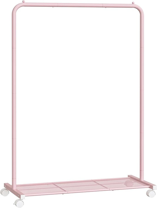 SONGMICS Clothes Rack with Wheels, Clothing Rack for Hanging Clothes, 25.4mm Metal Garment Rack with Dense Mesh Storage Shelf, 110 lb Load Capacity, 2 Brakes, Pink UHSR025P01