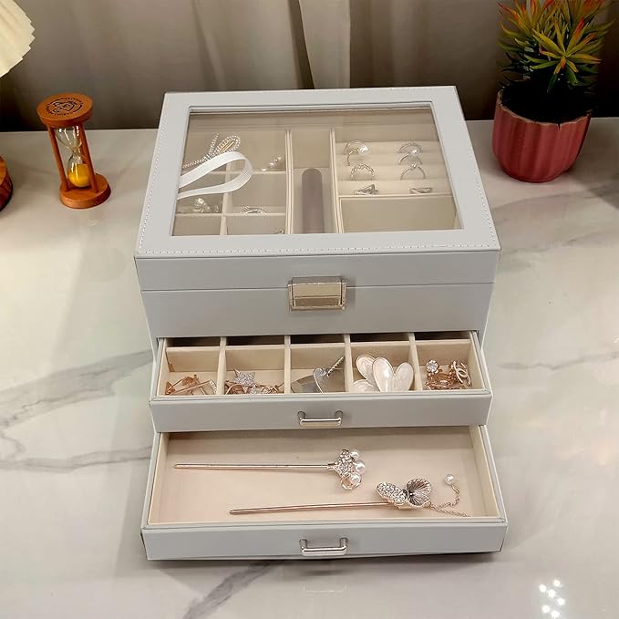 BOOVO Clear Lid Jewelry Box,3 Layers Jewelry Organizer Large Multi-Functional Jewelry Storage Box with 2 Drawers,Jewelry Display Case of Rings Earrings Necklace Bracelets for Women Girls (Grey)