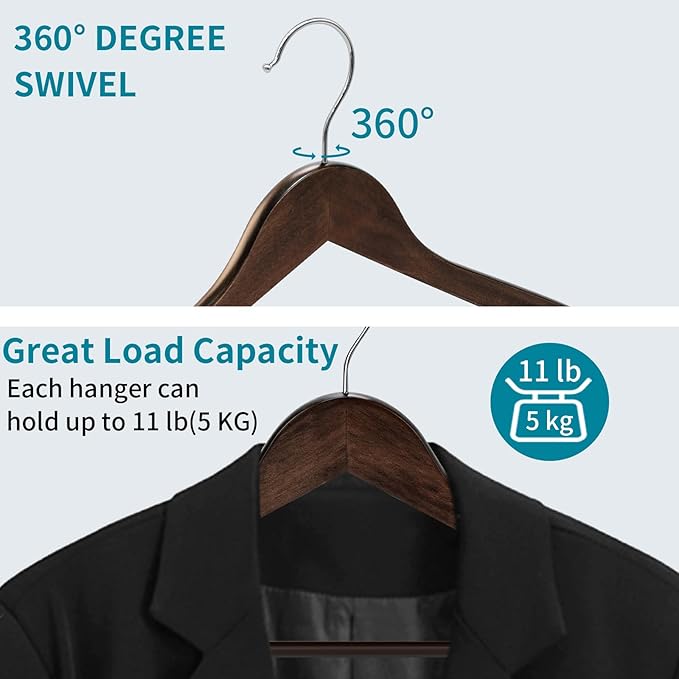 20 Pack Wooden Coat Hangers, 360° Swivel Hook, Suit Hangers with Anti-Slip Notches, for Jackets, Shirts, Dress, Dark Walnut, UAWY0520H