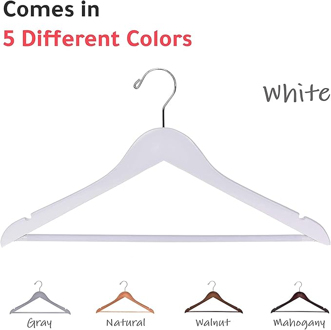 30 Quality Wooden Hangers - Slightly Curved Hanger 30-Pack Sets - Solid Wood Coat Hangers with Stylish Chrome Hooks - Heavy-Duty Clothes, Jacket, Shirt, Pants, Suit Hangers (White, 30), 17.5 inch