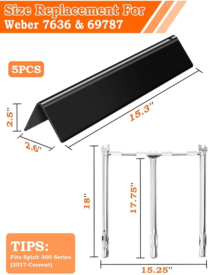 Flavorizer Bars 15.3 inch and Grill Burner Replacement for Weber Spirit 300 & Spirit II 300 Series Grills Parts Spirit 310, Spirit II 320 330 Grill Parts, Burner Tube Kit for Weber 7636 69787