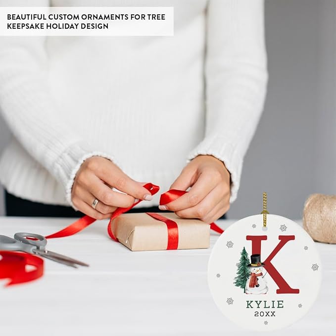 Andaz Press Personalized Ornament, Custom Name, Initial K Monogram Snowman 2.8" Ceramic Porcelain 2025 Christmas Ornament Keepsake for Kids, Boys, Girls, Includes Gold Ribbon & Gift Box, 1-Pack