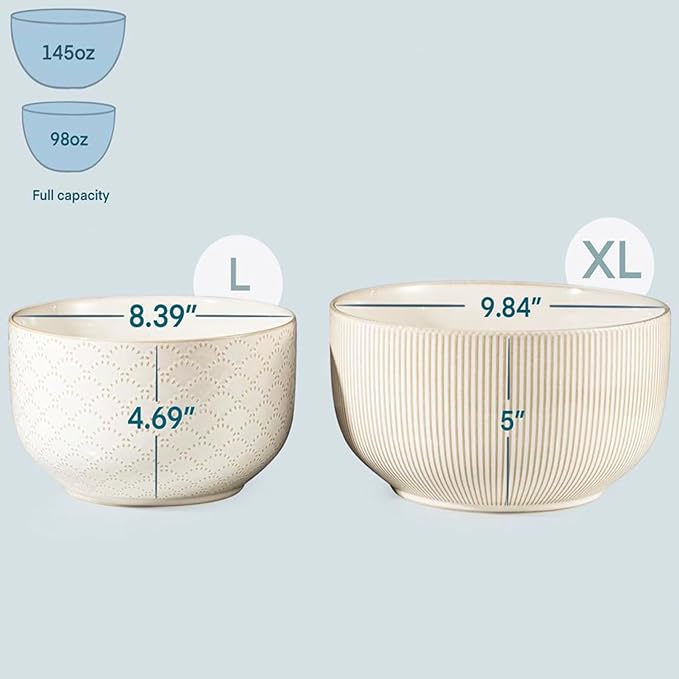 Mikiegy Ceramic Mixing Bowls Set of 4, Nesting Ceramic Embossment Stoneware Mixing Bowls for Cooking, Serving, Popcorn, Salad etc, Microwave & Dishwasher Safe, 20/44/98/145 oz, Off-White