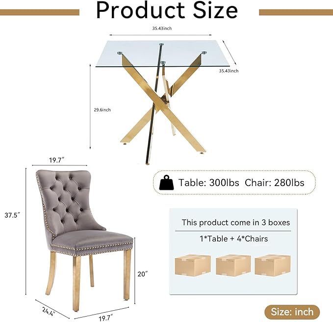 Goujxcy Glass Dining Table Set for 4, Modern Kitchen Table and Chairs Set of 4, 5-Piece Kitchen Dining Room Table Set w/36 Square Gold Glass Dining Table and 4 Grey Velvet Upholstered Chairs