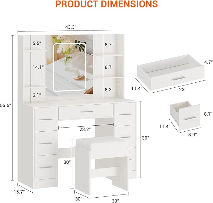 Hetoy Vanity Desk with Mirror and Lights - Makeup Vanity Desk with Chair - Dressing Table with 7 Drawers and Hair Dryer Rack for Bedroom