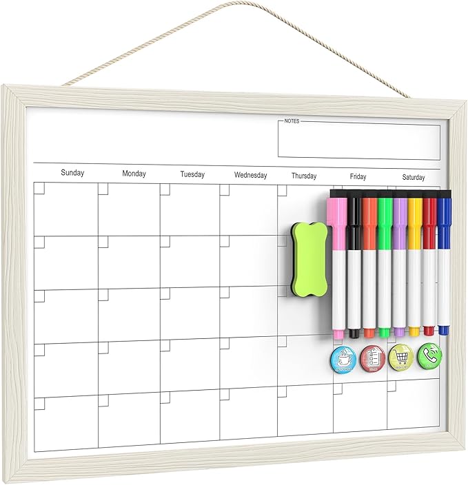 Calendar Whiteboard for Wall, 17x13 Inches Dry Erase Calendar for Wall, Small Magnetic Monthly White Board with Wood Framed, Hanging Dry Erase Board for Kitchen Home Office School Planner
