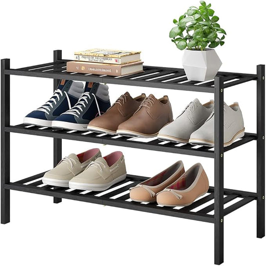 Shoe Rack, 3-Tier Bamboo Stackable Shoe Shelf Storage Organizer, Shoe Stand for Closet, Entryway and Hallway