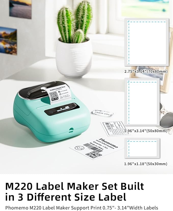 Phomemo Label Maker, M220 Thermal Label Printer, Portable Bluetooth Wireless Inkless 3 Inch Barcode Printer, Great for Home, School & Office, Compatible with Phone, PC, with 3 Label
