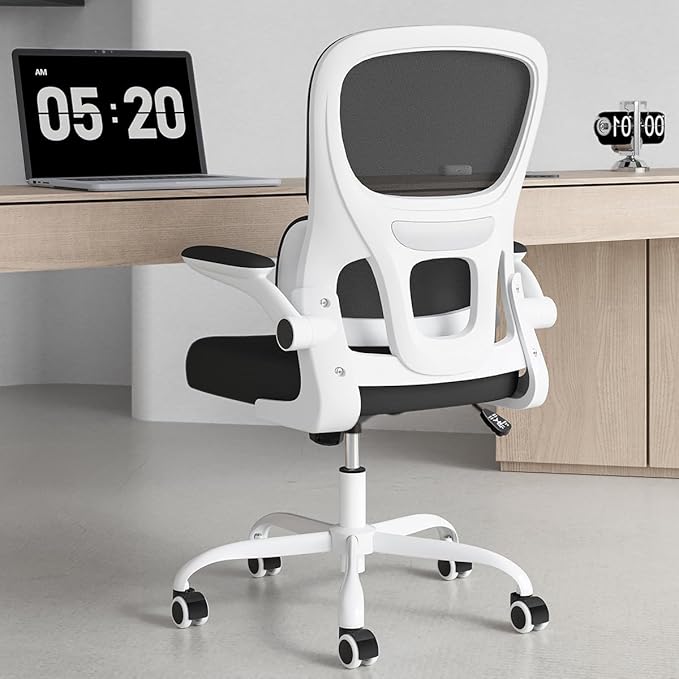 Soohow Office Chair, Mesh Ergonomic Office Chair with Lumbar Support, Comfy Computer Desk Chair with Flip Armrest Rolling Wheels for Home Study Room Office, White & Black