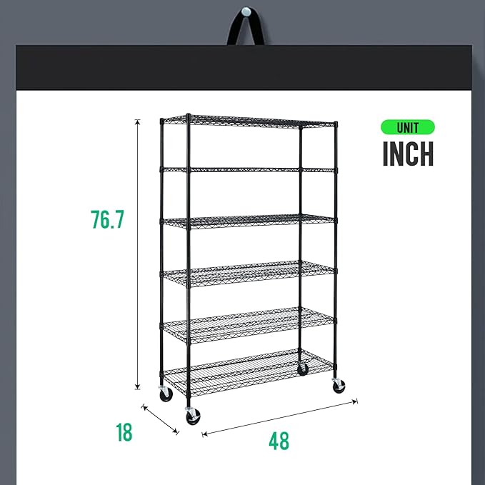 PayLessHere Commercial Grade 6 Tier Adjustable Storage Shelf Heavy Duty Metal Shelf NSF Certified Wire Shelving Unit with Wheels 6000LBS Capacity 18" D x 48" W x 72" H,Black