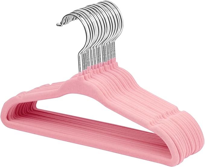 ManGotree 11'' Velvet Baby Hangers, Non-Slip Infant & Toddler Hangers, Ultra-Thin Nursery Hanger with 360° Swivel Hook, Space Saving Children's Hanger for Kids' Clothes, 15 Pack (Pink)