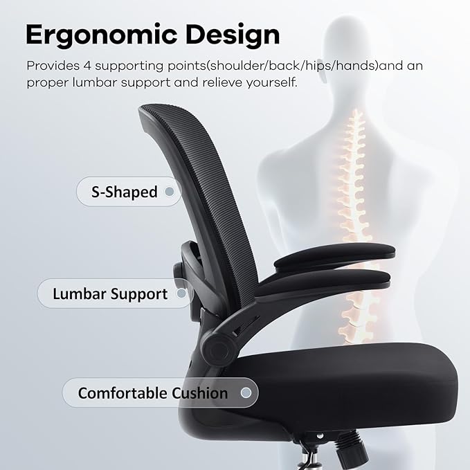 Office Chair,Ergonomic Desk Chair with Adjustable Lumbar Support, Mesh High Back Computer Chair with Flip-up Armrests,Rocking Tilt Rolling Swivel Executive Chair for Home Office Black