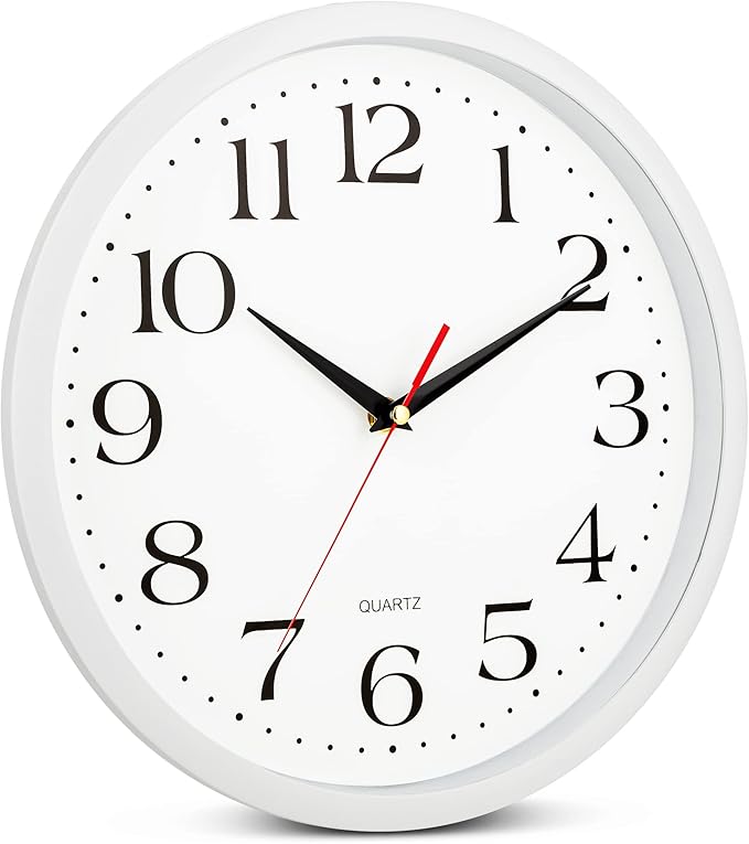 Bernhard Products White Wall Clock Silent Non Ticking, 12 Inch Quality Quartz Battery Operated Round Easy to Read Home/Office/Kitchen/Classroom/School Sweep Clock, Black Hands