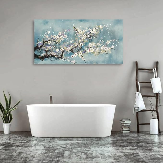 Plum Blossom Botanical Floral Canvas Art - Grey Blue - 30" x 60" - Framed - Ready to Hang - Bedroom, Living Room, Bathroom, Kitchen, Office, Home Wall Decor
