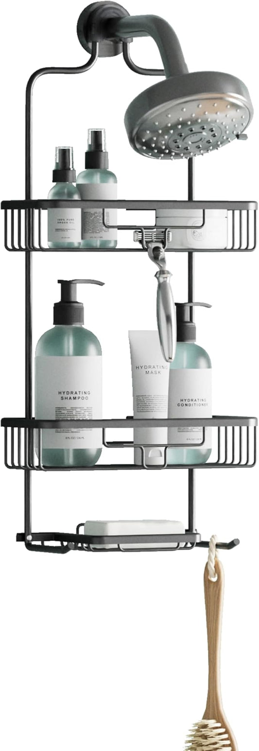Zenna Home Rustproof Hanging Shower Caddy, Over the Shower Head Caddy with 2 Shelves and Built In Hooks, Aluminum Bathroom Hanging Organizer, Black