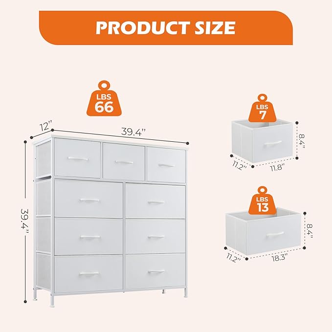 Sweetcrispy Dresser with 9 Drawers for Bedroom, Fabric Dresser Storage Tower, Chest of Drawers Organizer Unit, Storage Cabinet for Hallway, Closets, Steel Frame, Wood Top