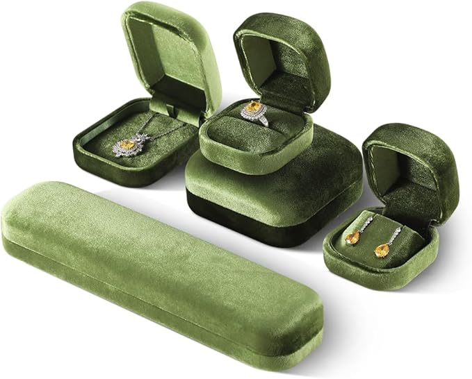 Resilient Velvet Ring Earrings Bracelet Necklace Display Box, Travel Mini Jewelry Organizer Case (Green, Long Chain Box)