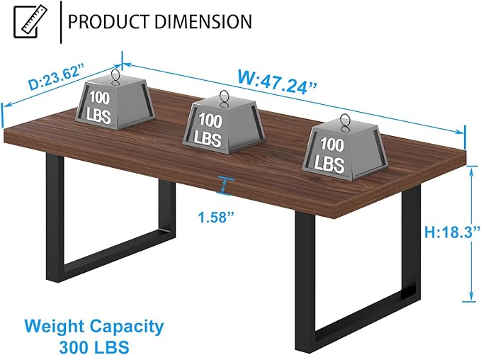 IBF Rustic Coffee Table, Simple Vintage Center Table, Minimalist Industrial Living Room Table, Farmhouse Wood and Metal Rectangle Tea Coffee Table for Home Bedroom Office, Walnut, 47 Inch