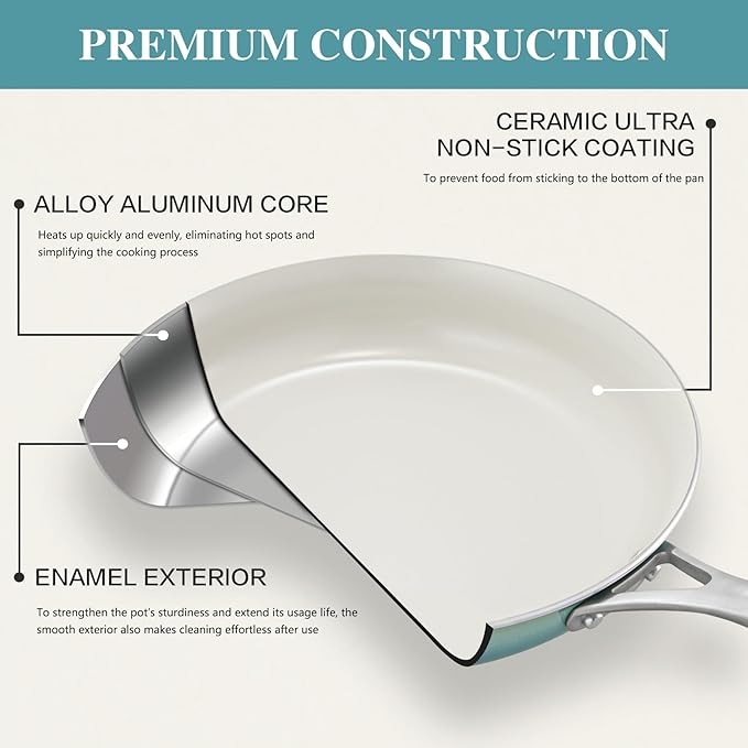 Kitchen Pots and Pans Set Non Stick, 11 Pcs Ceramic Cookware Set with Stay-Cool Handle, Pot and Pan Set NonToxic PFOA/PFAS Free, Dishwasher/Oven Safe, Evenly Heats, Enamel Exterior - Teal