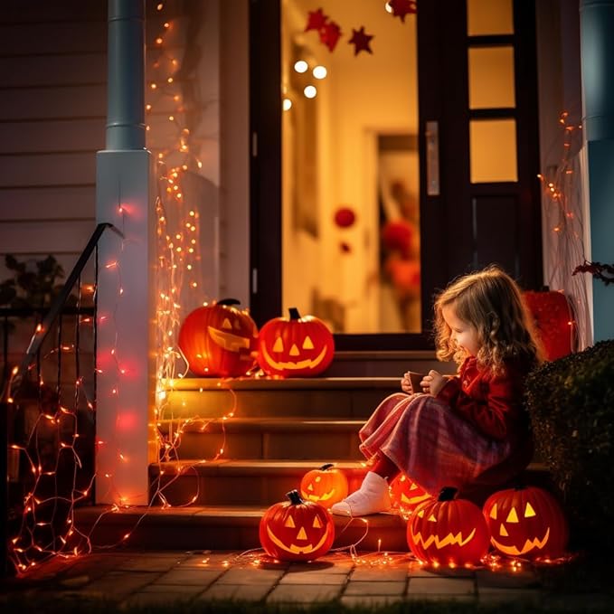 JMEXSUSS 66ft 200 LED Christmas String Lights Outdoor Indoor, Connectable Orange String Lights Clear Wire, Fall Light Plug in for Fireplace Tree Garden Patio Thanksgiving Fall Halloween Decor